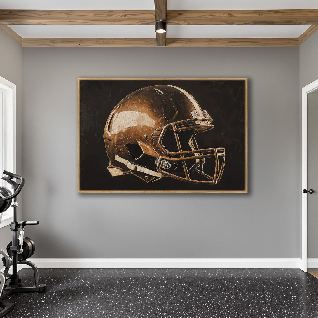 Framed Wall Art: Football helmet canvas print in a modern interior. Featuring a sepia-toned color palette, adding a touch of vintage sports decor.