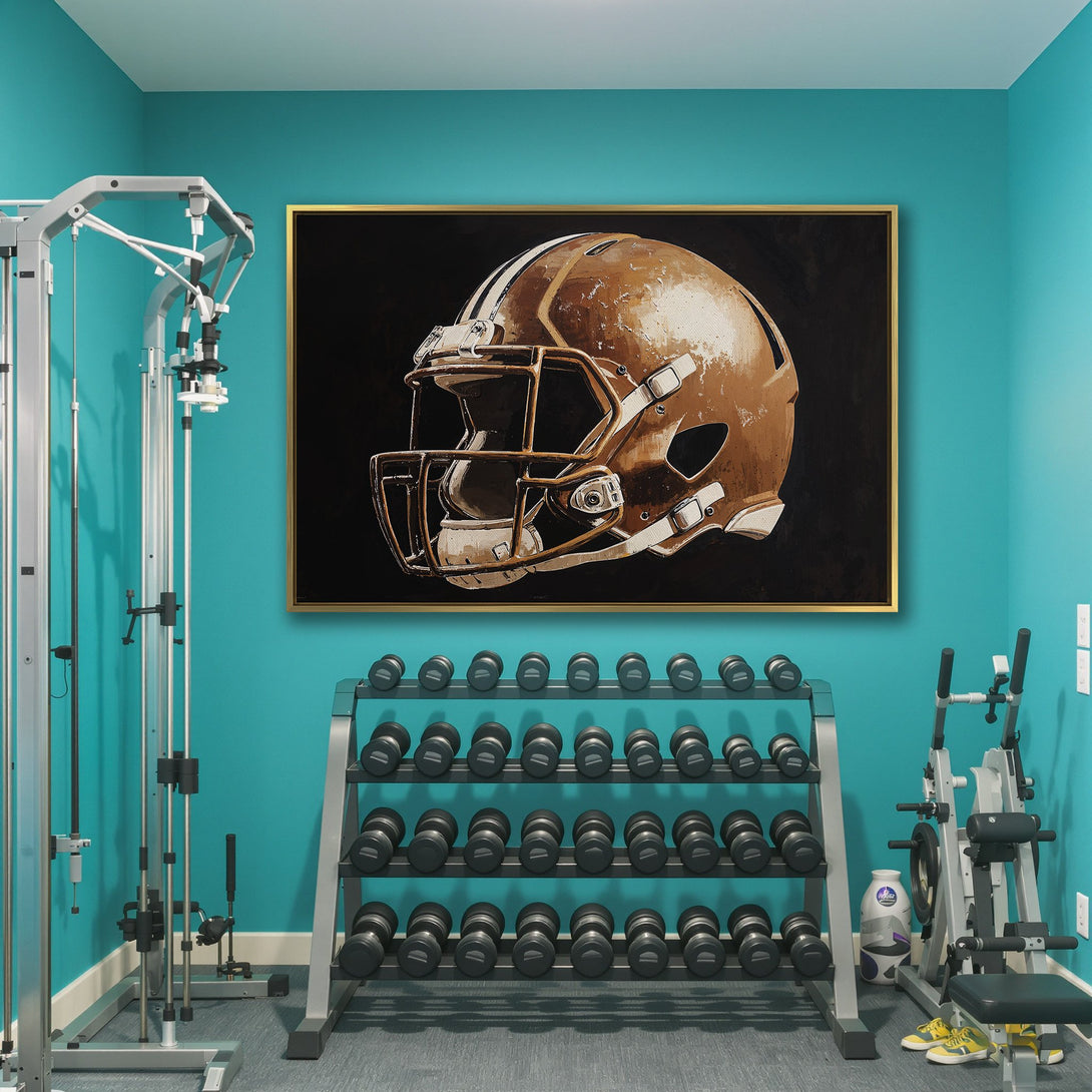 Canvas Print of a football helmet in a gym, featuring a neutral color palette with brown and gold tones. Perfect sports wall art!