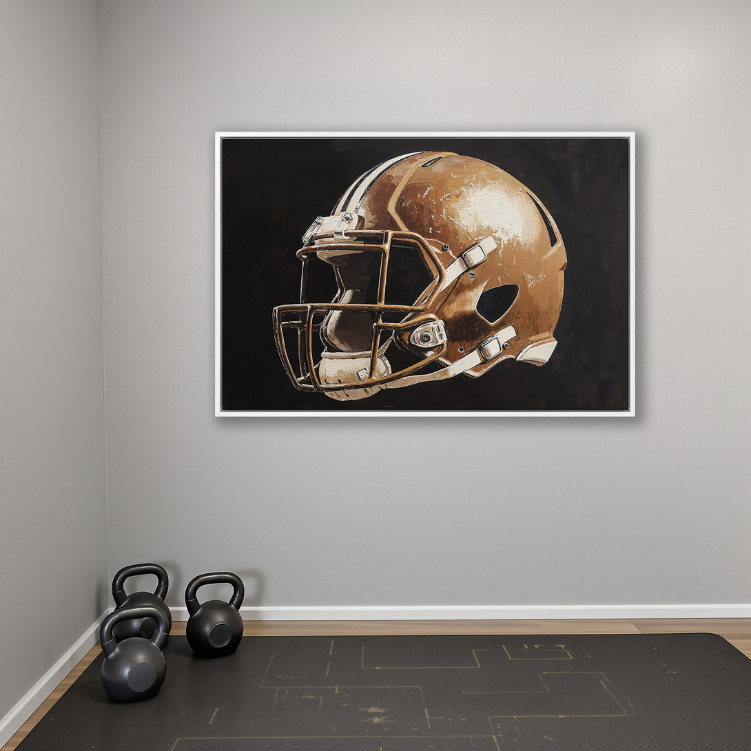 Framed Wall Art: Football helmet canvas print in warm brown tones. Perfect for sports fans, this artwork adds a touch of modern style to any space.