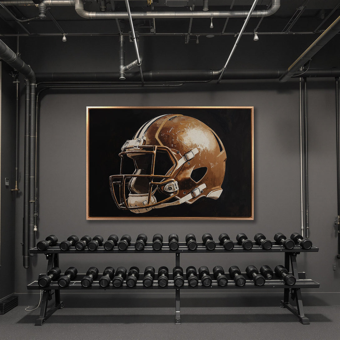 Framed Wall Art of a football helmet in a modern gym setting. Earth-tone color palette with a striking black background. Elevate your space!