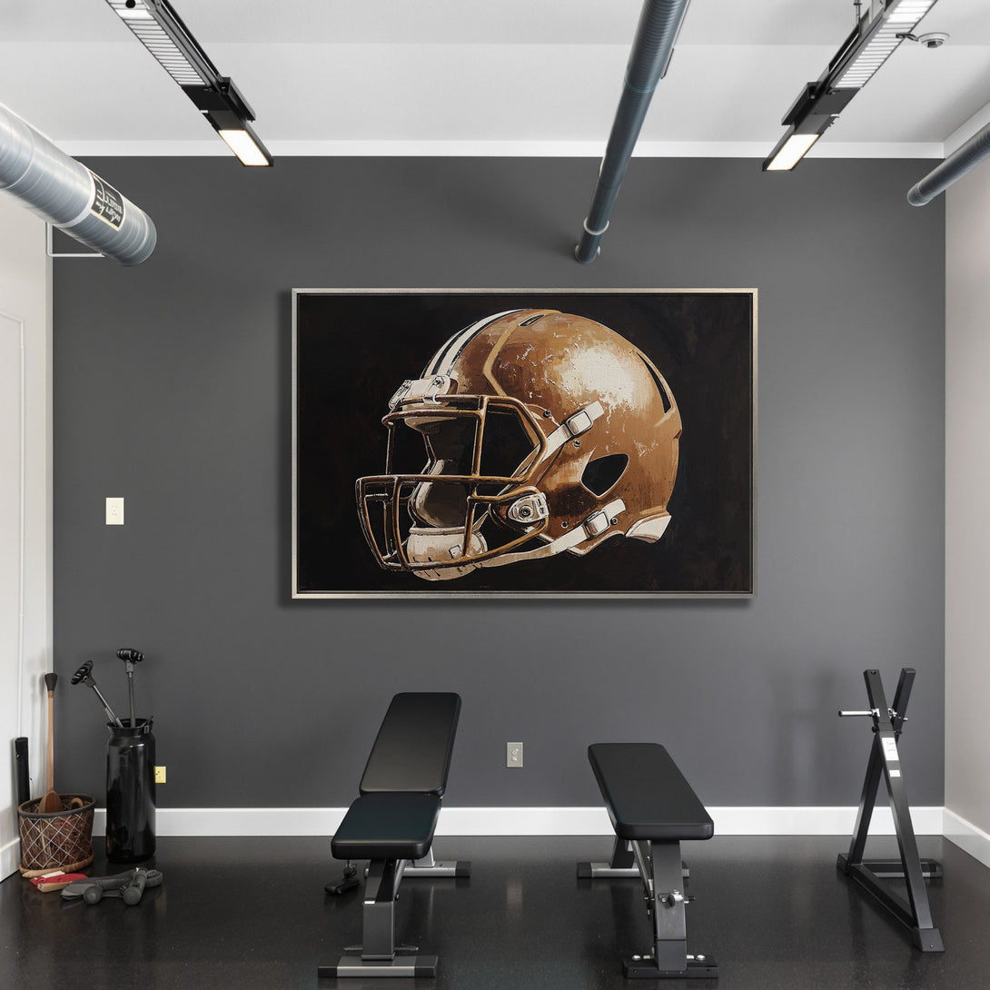 Framed Wall Art: Football helmet art in a modern gym. Bronze and black color palette adds a touch of sporty elegance to any space. Elevate your decor!
