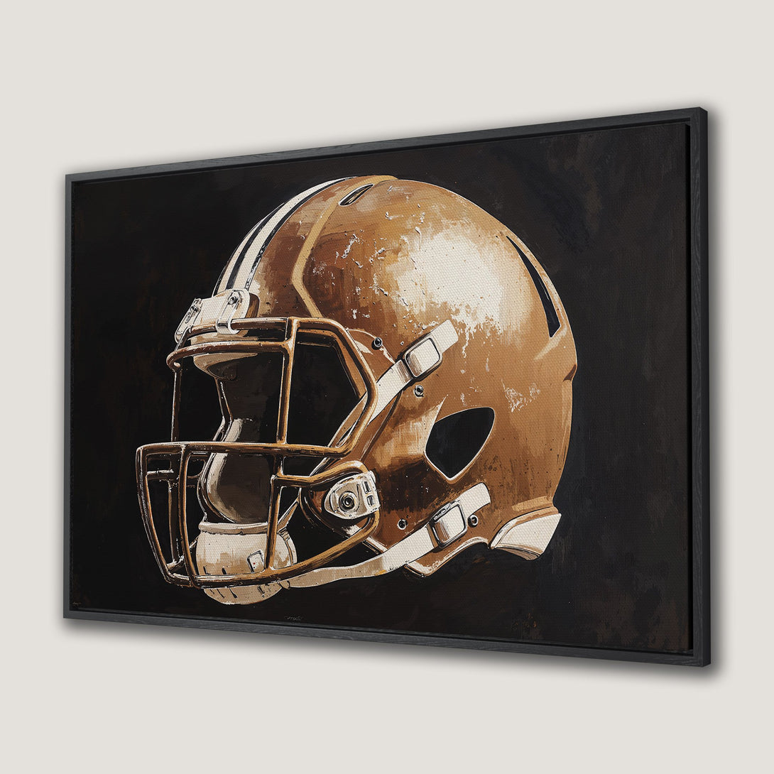 Framed Wall Art: Football helmet art print in warm brown tones. Modern canvas art for sports fans. Perfect wall decor for a game room or man cave.