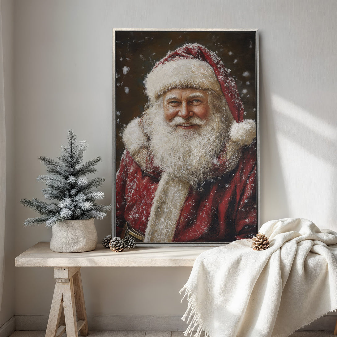 Framed Wall Art: Classic Santa Claus portrait in red, white, and brown tones. Festive holiday decor, perfect for adding warmth and cheer to your home.