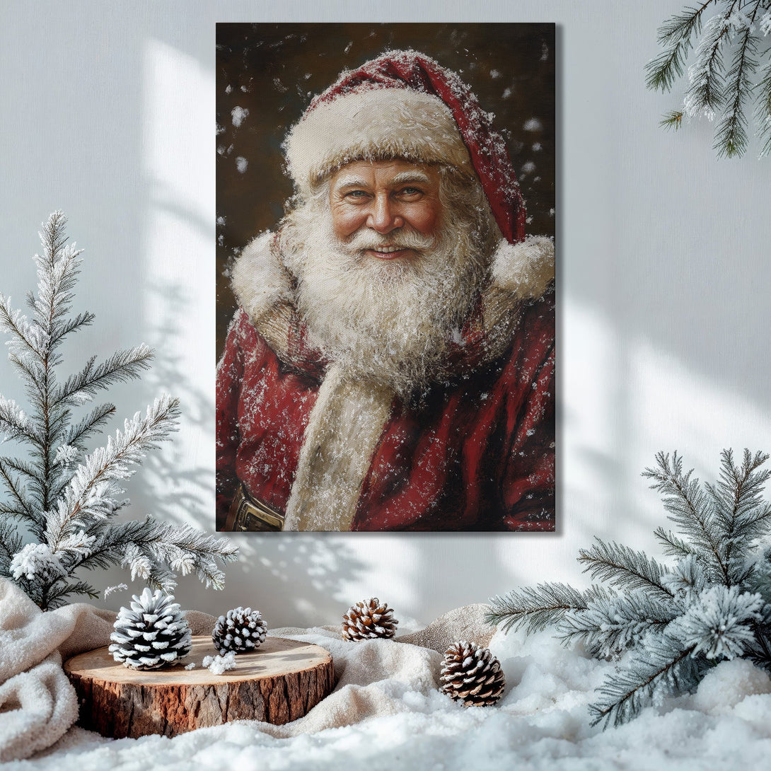 Framed Wall Art: Portrait of Santa Claus in a warm, classic style. Rich red, gold, and green color palette perfect for Christmas decor.