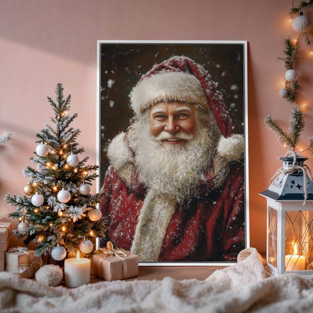 Framed Wall Art of Santa Claus in a warm, festive scene. Classic style with a red, white, and brown color palette. Perfect Christmas decor!