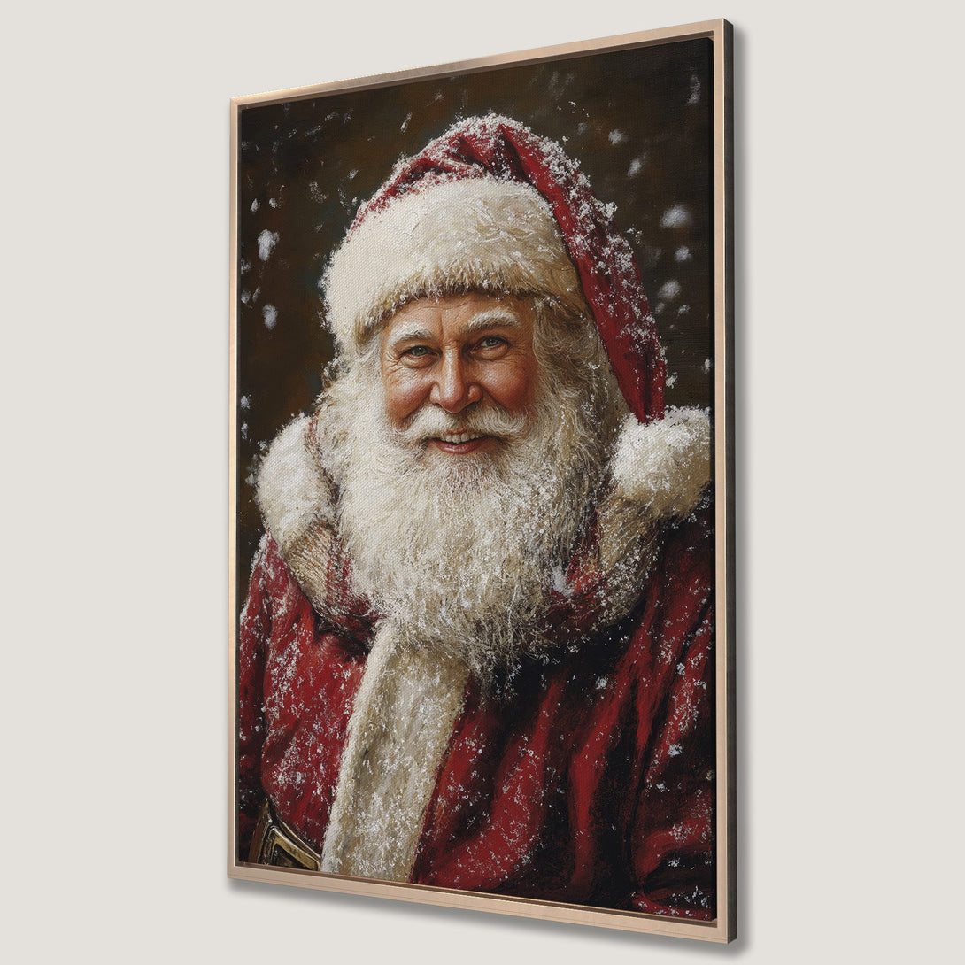 Framed Wall Art of Santa Claus in a warm, painterly style. Festive red and white color palette, perfect for Christmas decor.