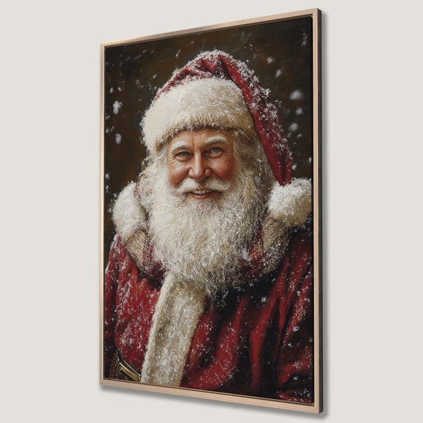 Framed Wall Art of Santa Claus in a warm, painterly style. Festive red and white color palette, perfect for Christmas decor.