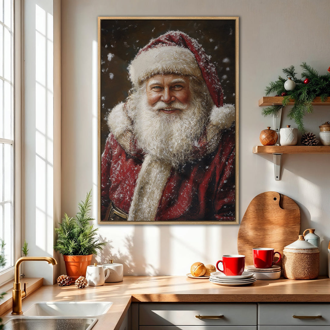 Framed Wall Art featuring Santa Claus in a warm, inviting kitchen. Classic style with a red, white, and brown color palette. Perfect holiday decor!