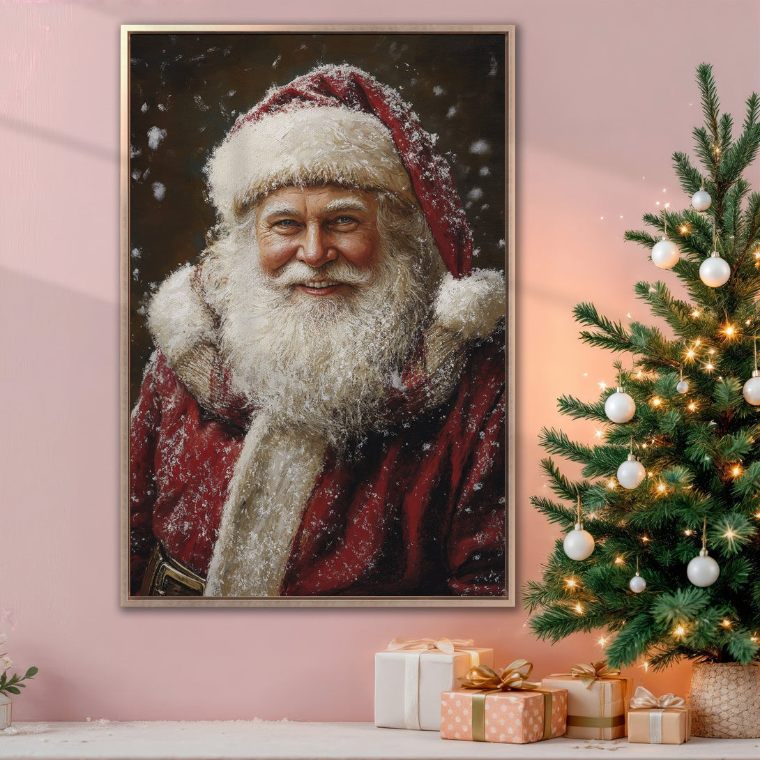 Framed Wall Art: Festive Santa portrait in a warm, inviting interior. Rich red, white, and brown hues create a cozy Christmas atmosphere. Perfect holiday decor!