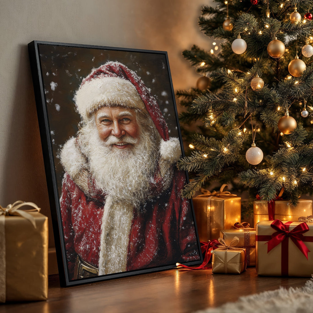 Framed Wall Art of Santa Claus in a classic painting style, rich red and warm gold color palette, perfect for Christmas decor.