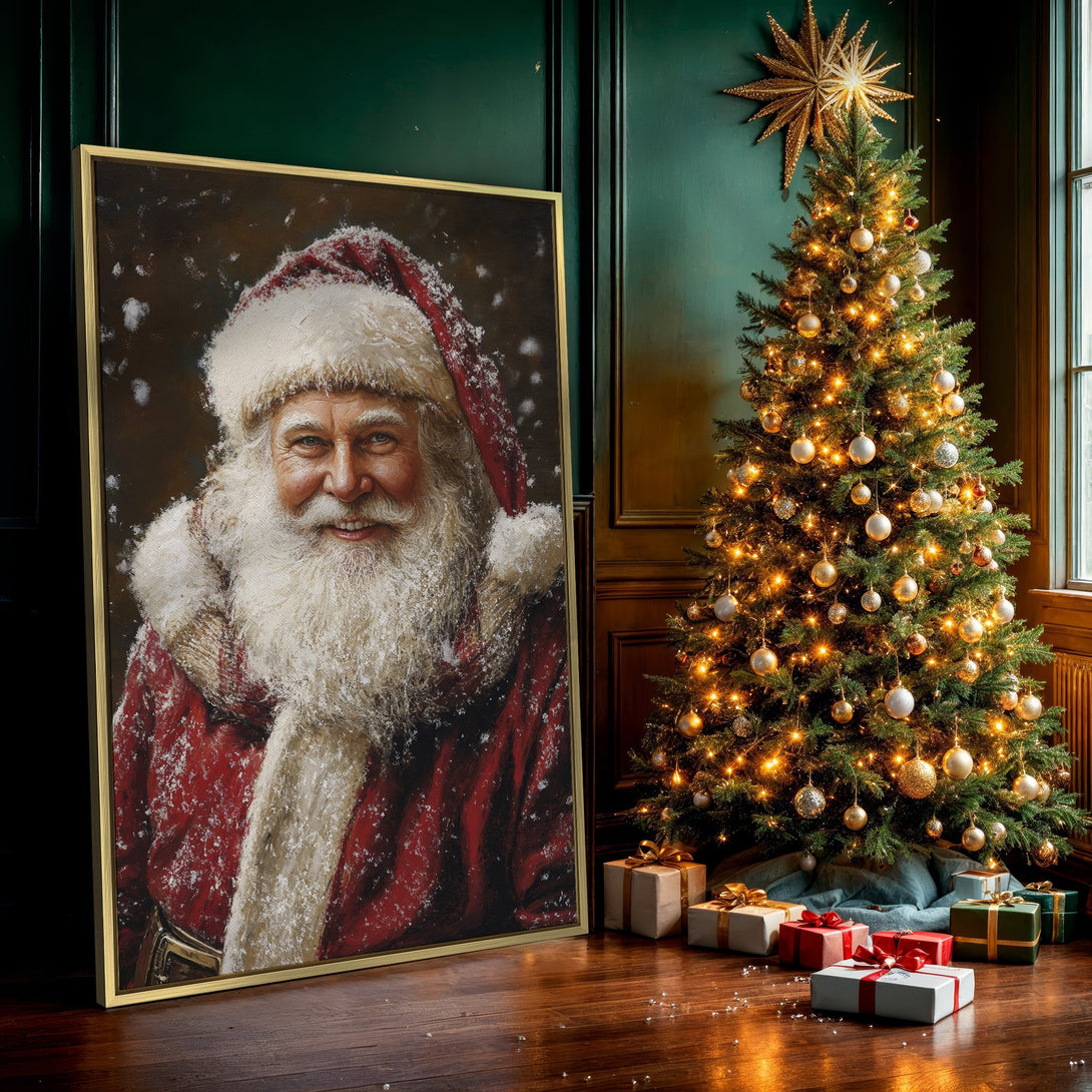 Canvas Print of Santa Claus portrait, classic style, rich red and white palette, perfect Christmas decor.