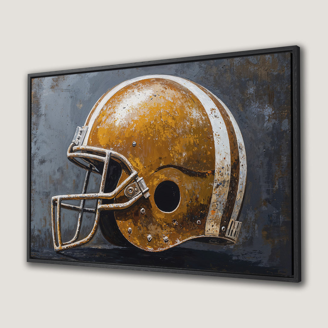 Framed Wall Art: Football helmet canvas print in rustic style. Features a gold and white helmet on a gray and brown textured background. Perfect for sports fans!