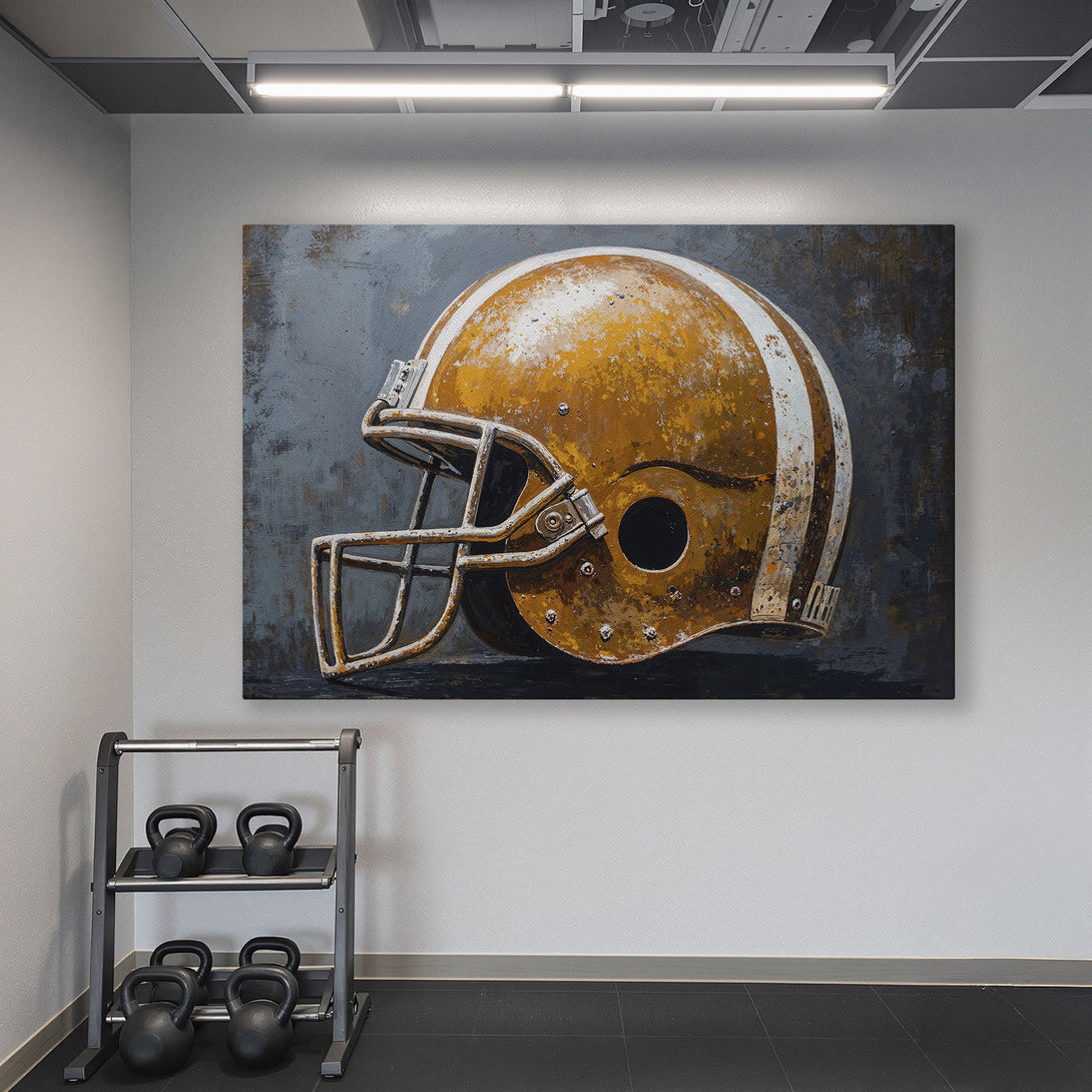 Framed Wall Art: Abstract football helmet art in a gym. Rustic style, warm gold and gray tones, perfect for sports fans. Elevate your space today!