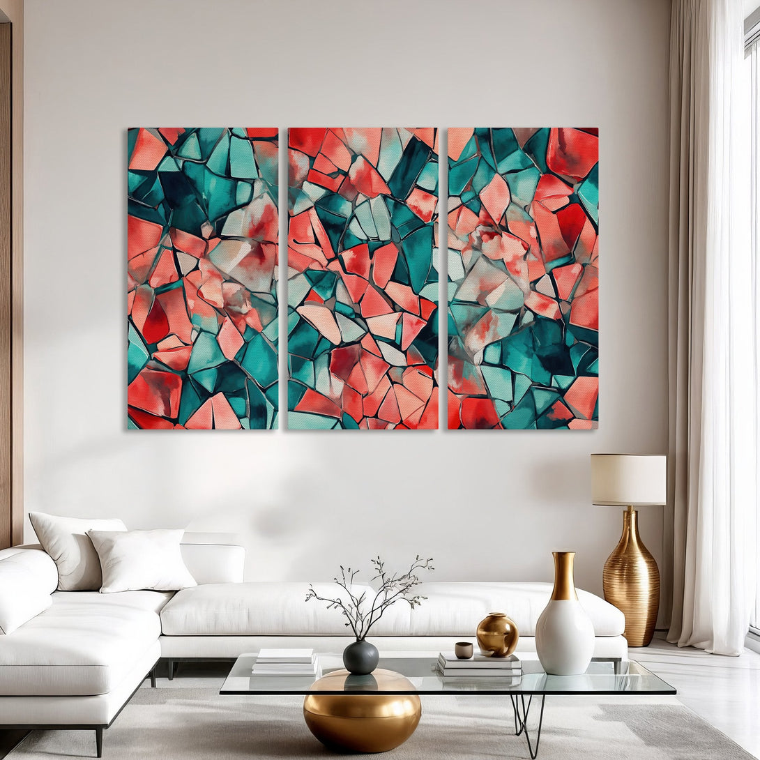 Abstract Canvas Print triptych in teal and coral. Modern wall art for living room decor. Enhance your space with this vibrant artwork.