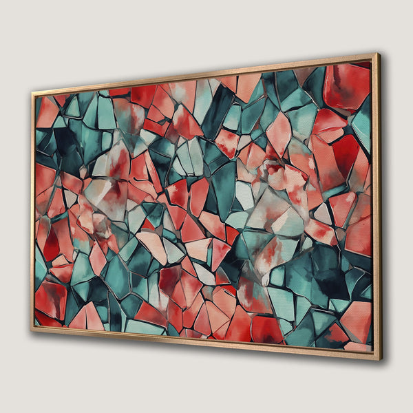 Framed Wall Art: Abstract watercolor canvas print in teal, red, and coral. Modern art for home decor.