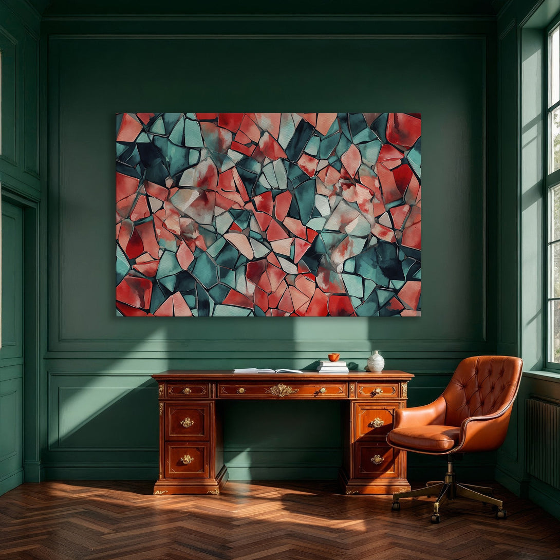 Framed Wall Art featuring an abstract geometric design in teal and coral tones. Modern art for dining room decor.