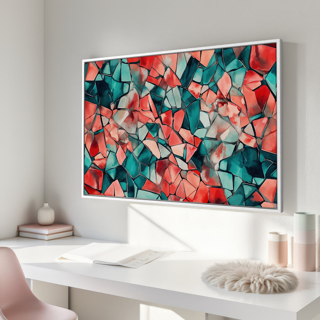 Framed Wall Art: Abstract geometric design in teal and coral. Modern Canvas Print for living room or office decor.