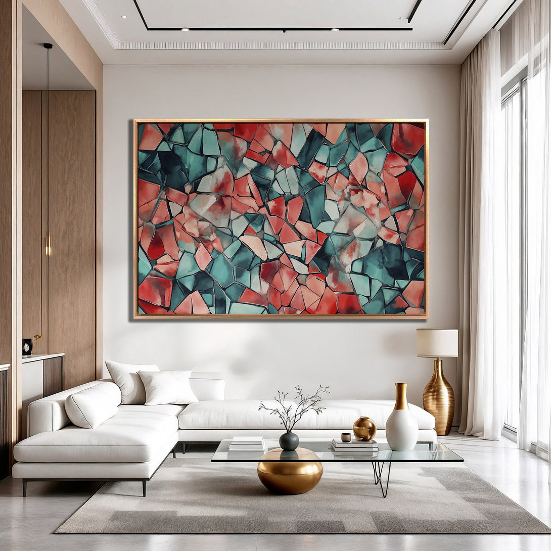 Framed Wall Art: Abstract geometric design in red and teal hues. Modern art piece adds a pop of color to a contemporary living room.