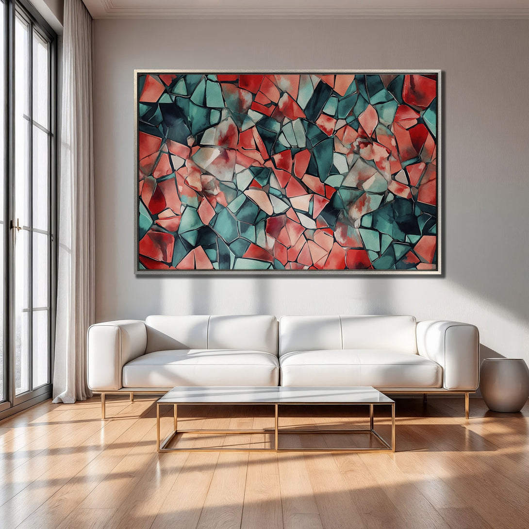 Framed Wall Art: Abstract geometric design in red, teal, and white. Modern Canvas Print adds a pop of color to a contemporary living room.