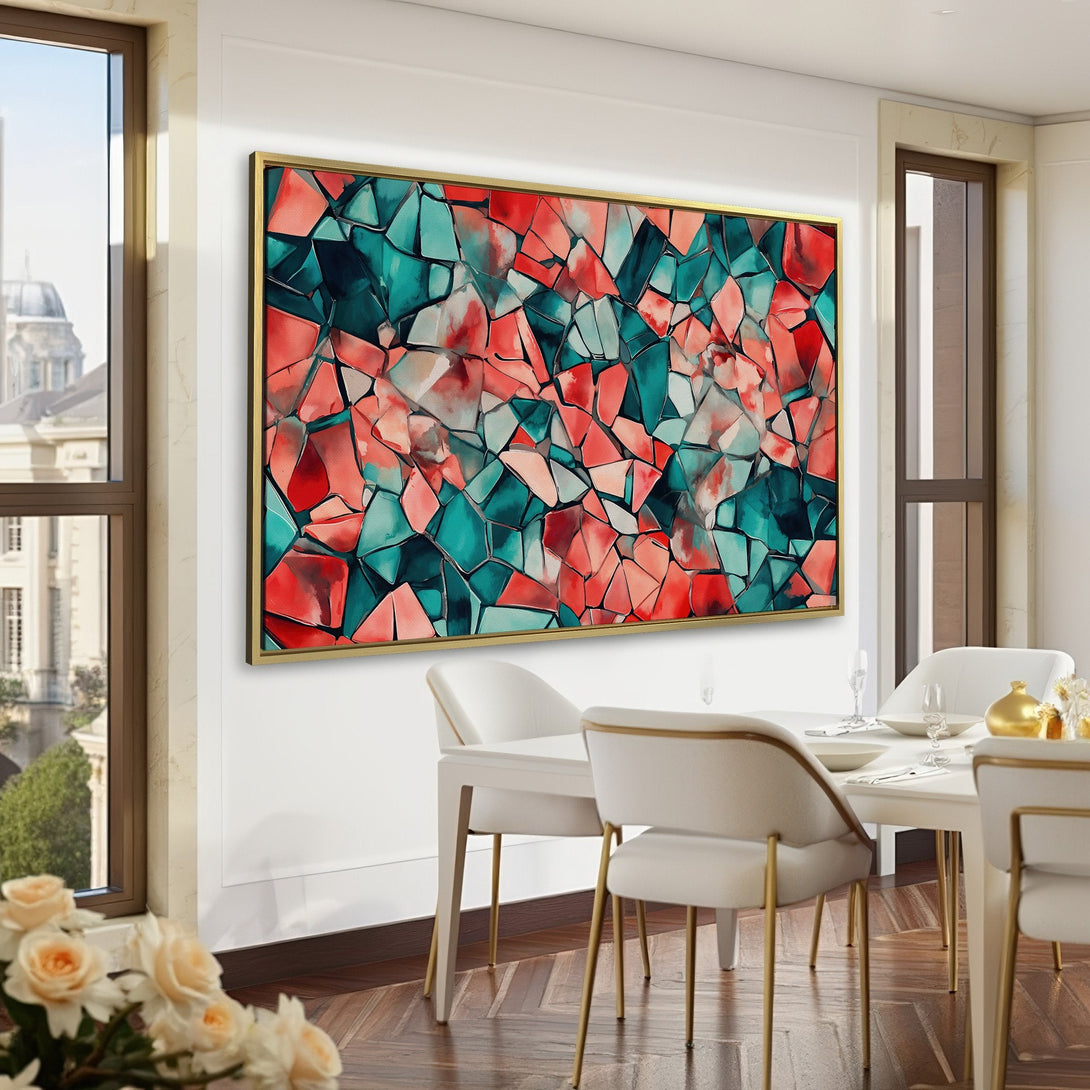 Abstract Canvas Print in a modern interior. Features a colorful geometric design with red and teal tones. Perfect for adding a pop of art to any room.