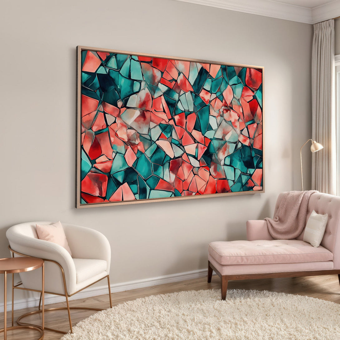 Framed Wall Art: Abstract geometric design in teal & red. Modern Canvas Print adds a pop of color to any interior. Shop now for unique wall decor!