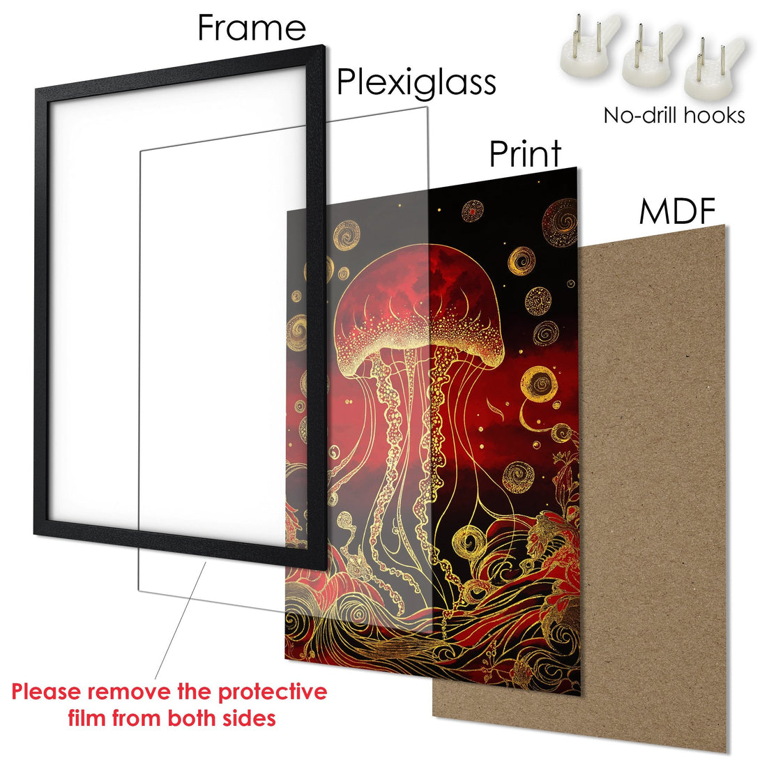 Framed Poster featuring a jellyfish illustration in red and gold tones, perfect wall art for a stylish home.