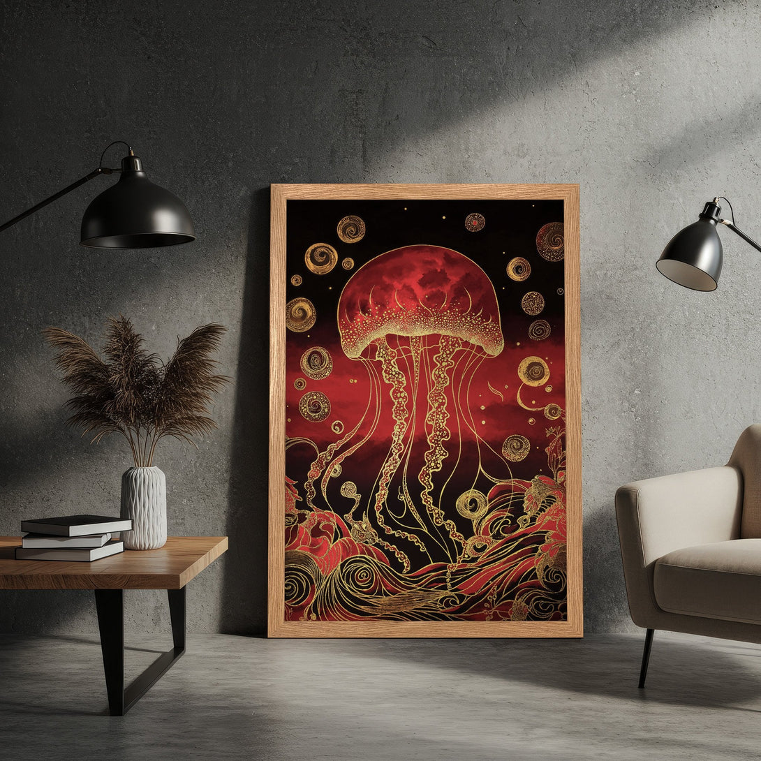 Framed Poster featuring a stylized red and gold jellyfish art print. Perfect wall decor for a modern, elegant space.