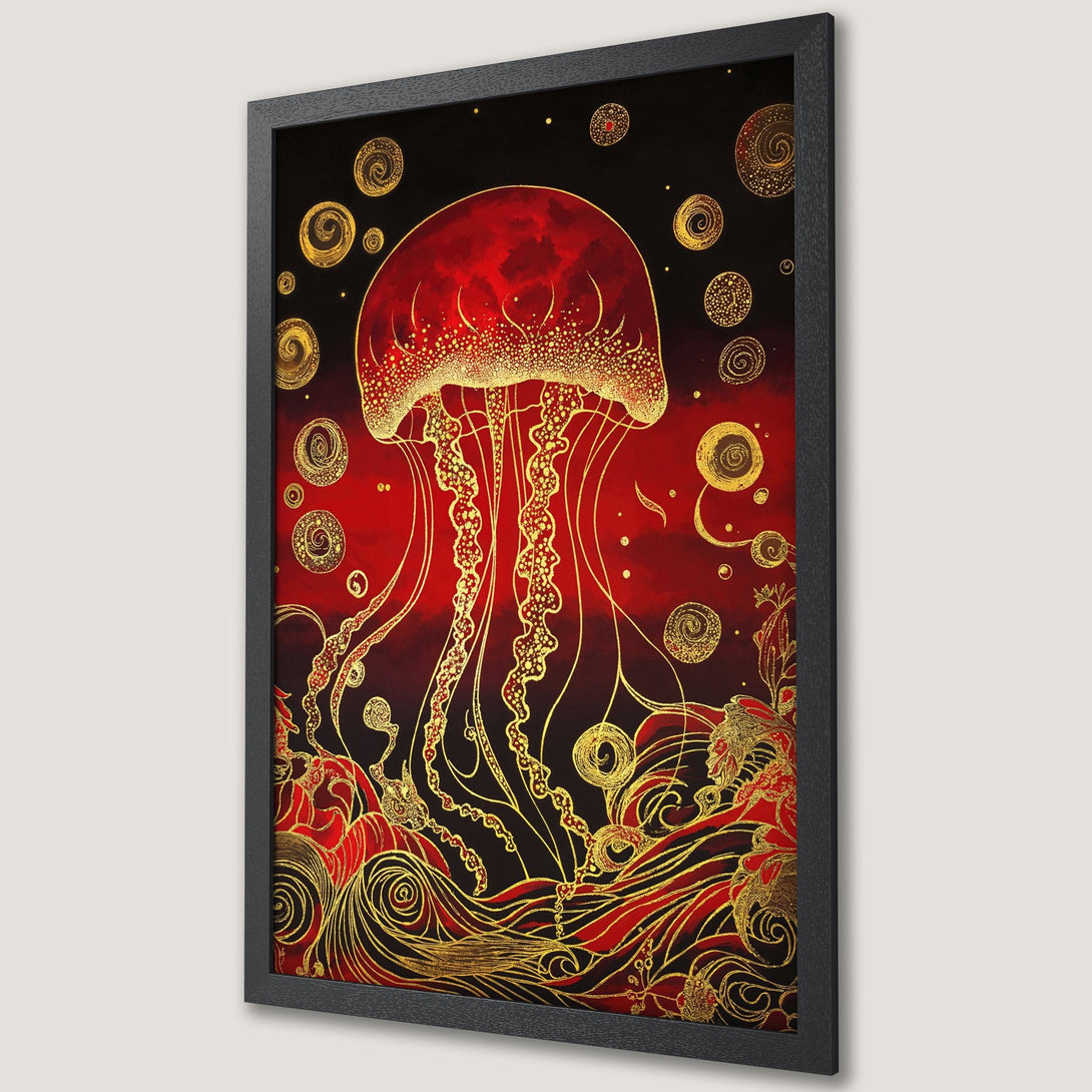 Framed Poster featuring a vibrant jellyfish in red and gold, artistic style. Perfect wall art for a bold statement.