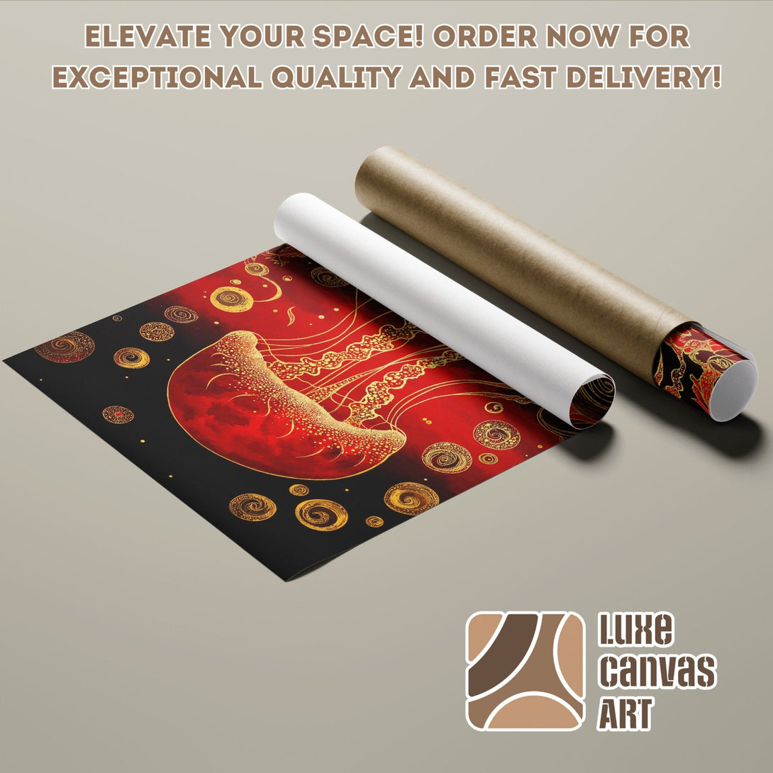 Poster Roll featuring a red jellyfish design with gold accents, modern art, bold color palette.