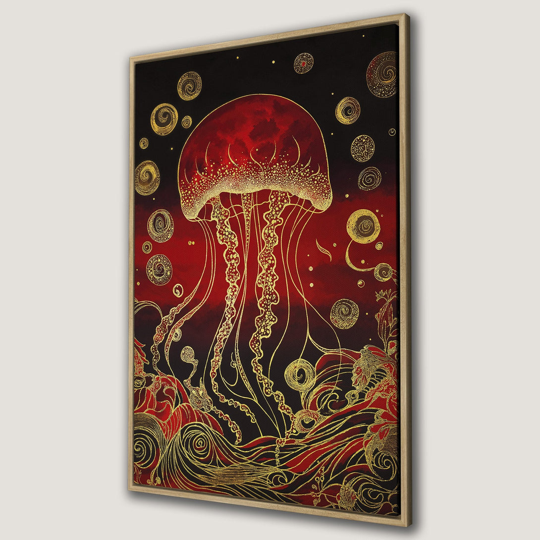Framed Wall Art featuring a vibrant red and gold jellyfish design. Artistic, elegant style with a striking red, black, and gold color palette. Perfect for adding a touch of luxury.