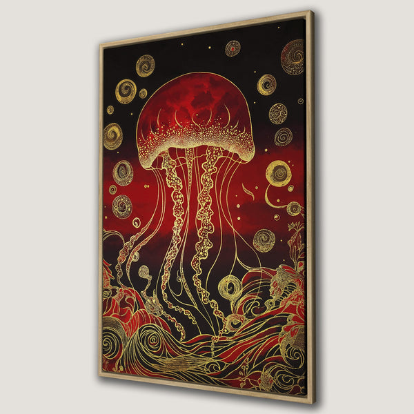 Framed Wall Art featuring a vibrant red and gold jellyfish design. Artistic, elegant style with a striking red, black, and gold color palette. Perfect for adding a touch of luxury.
