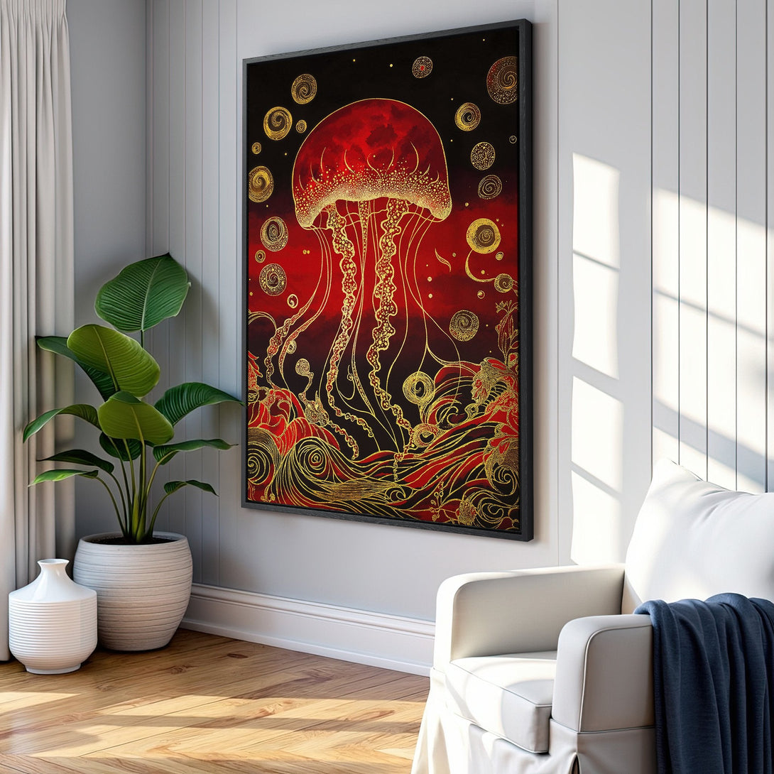Framed Wall Art featuring a vibrant red and gold jellyfish design. Stylish artwork in a modern interior, perfect for adding a touch of elegance.