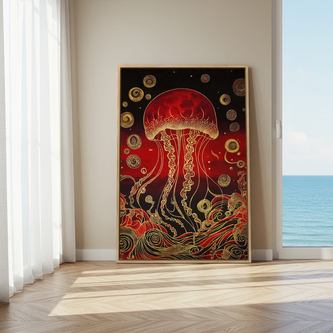 Framed Wall Art: Stunning red & gold jellyfish art print. Unique, elegant home decor. Adds a pop of color and artistic flair to any room. Shop now!
