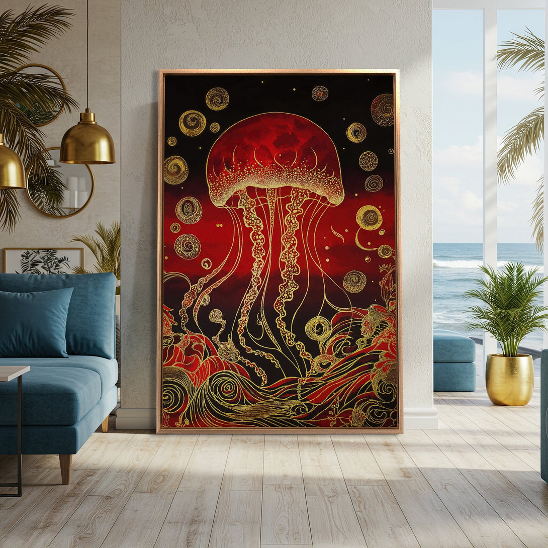 Framed Wall Art: Stunning red & gold jellyfish art print. Modern coastal decor with a vibrant color palette. Elevate your space with this unique Canvas Print.