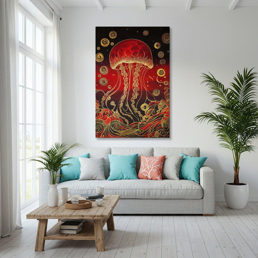 Framed Wall Art featuring a vibrant red and gold jellyfish design. Coastal-inspired decor with a bold color palette.