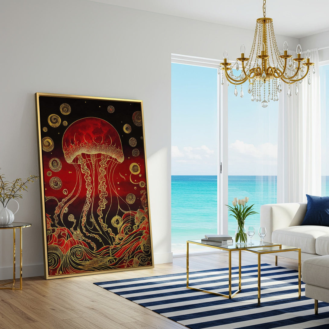Canvas Print of a vibrant jellyfish art piece in red and gold, displayed in a modern living room.