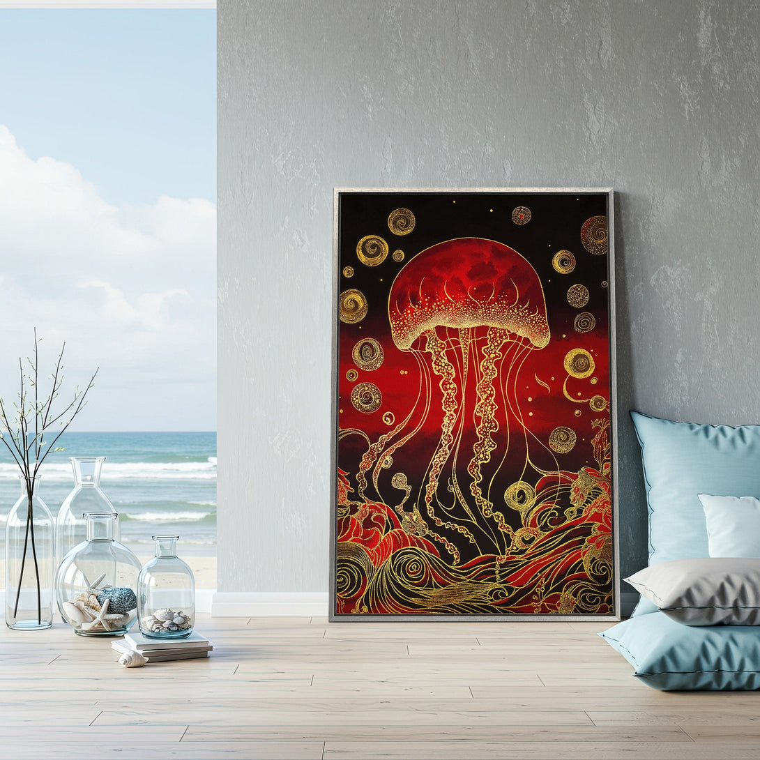 Framed Wall Art: Stunning jellyfish art in red and gold. Coastal decor inspiration. Elevate your space with this unique canvas print!