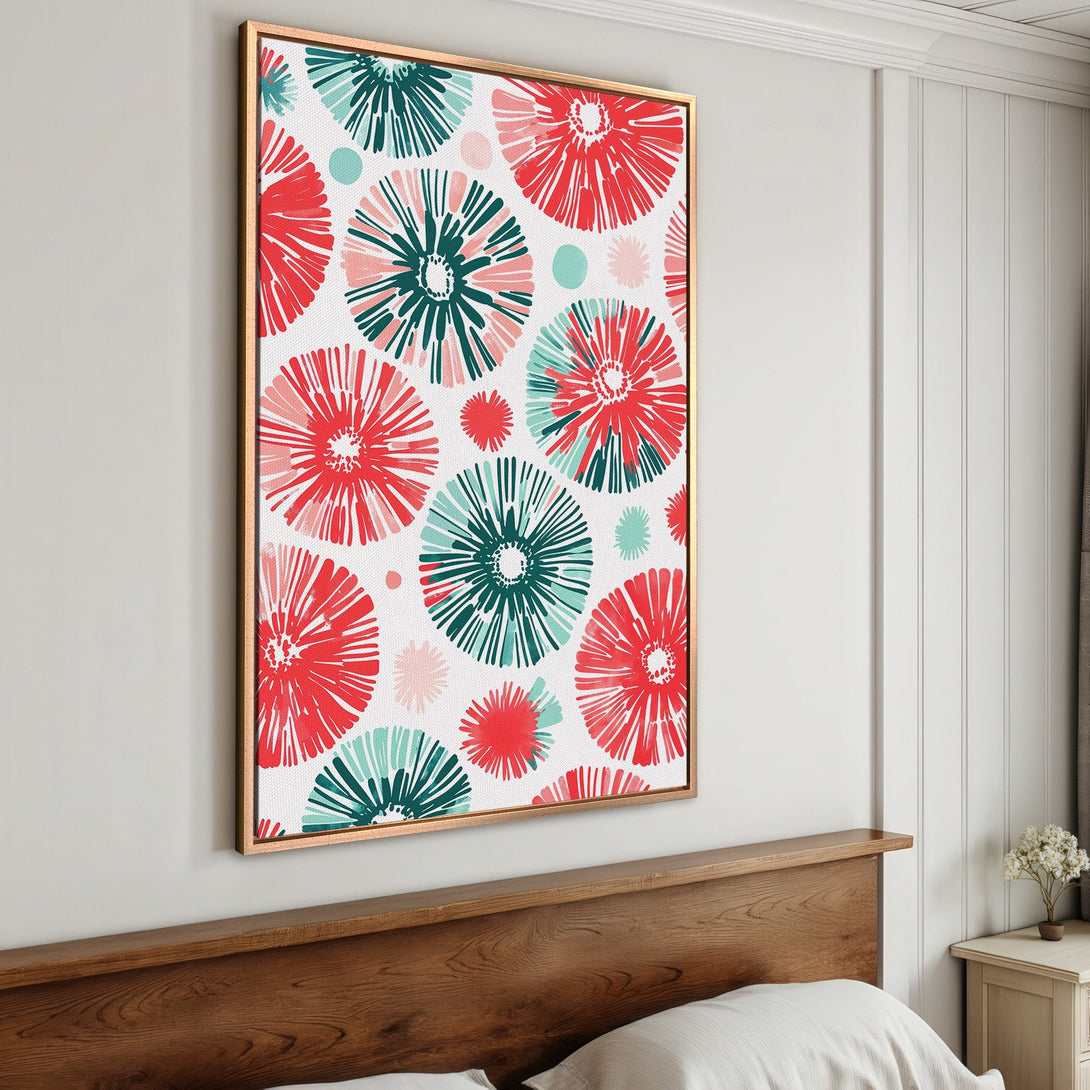 Framed Wall Art featuring a vibrant floral pattern in red, teal, and pink on a white background. Perfect for adding a pop of color to your space!