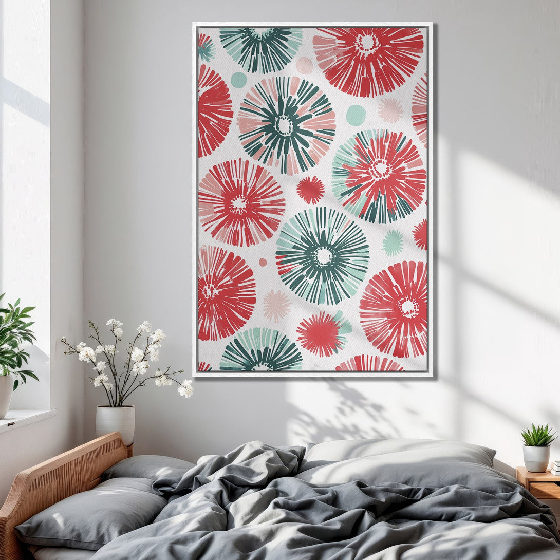 Framed Wall Art: Abstract floral design in red, teal, and pink on a white background. Modern Canvas Print for bedroom decor.