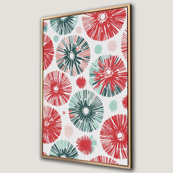 Framed Wall Art featuring a vibrant floral pattern in red, teal, and pink on a white background. Modern canvas print for stylish home decor.