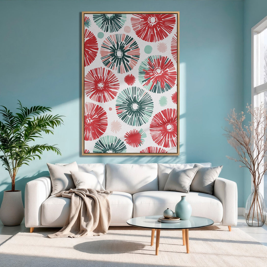 Framed Wall Art featuring a floral pattern in red, green, and pink hues. Modern Canvas Print adds a pop of color to a stylish living room.