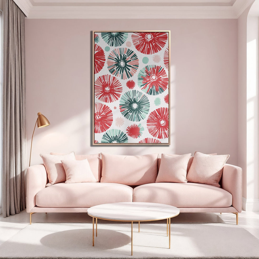 Framed Wall Art featuring a floral pattern in red, teal, and pink. Modern Canvas Print adds a pop of color to a blush pink living room.