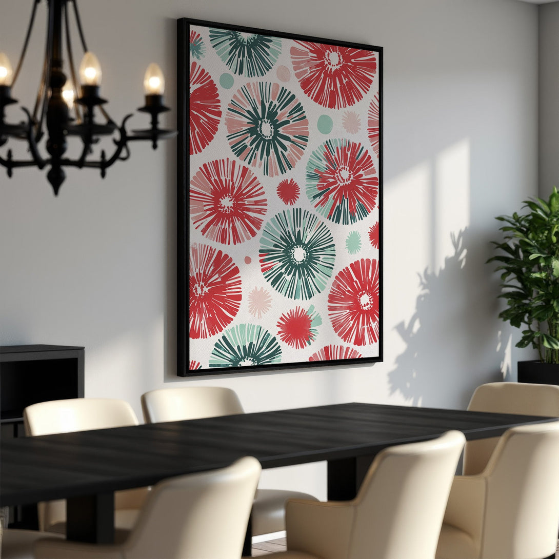 Framed Wall Art featuring a modern floral pattern in red, teal, and pink. Perfect for adding a pop of color and style to any dining room.