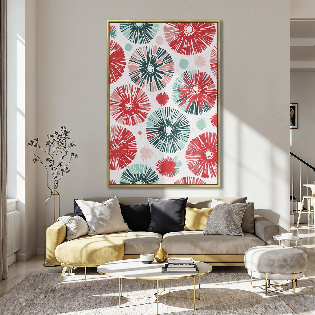 Canvas Print featuring a vibrant floral pattern in red, teal, and pink on a white background. Modern art for kitchen decor, adding a pop of color.
