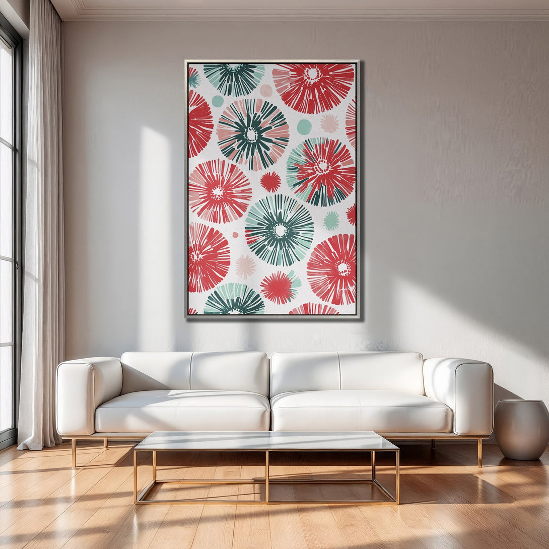 Framed Wall Art: Modern floral print in red, teal, and pink. Adds a pop of color to any room. Perfect for living room decor.