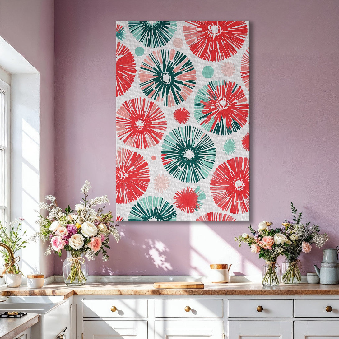 Framed Wall Art featuring a modern floral design in red, teal, and pink. Adds a pop of color and style to any living room. Shop now!
