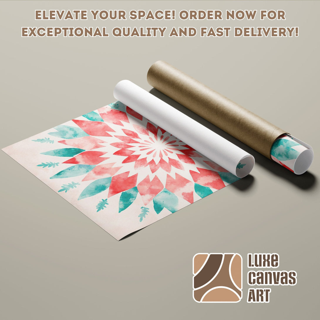 Watercolor Poster Roll with floral design in red, teal, and beige. Elevate your space!