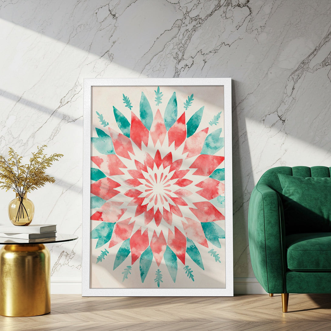 Framed Poster featuring a watercolor floral design in red and teal. Modern art print for home decor.
