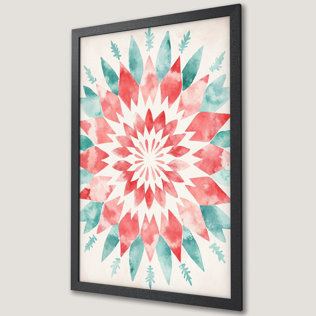 Framed Poster featuring a watercolor floral design in red, teal, and cream. Perfect wall art for any room!