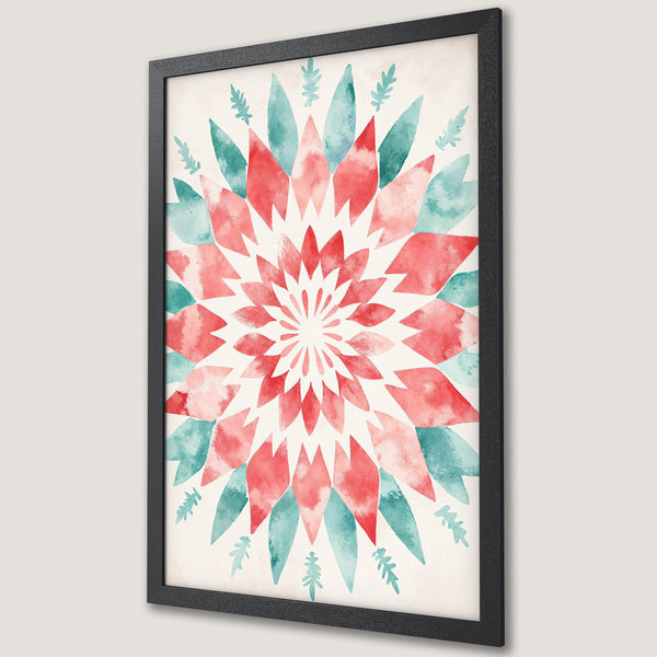 Framed Poster featuring a watercolor floral design in red, teal, and cream. Perfect wall art for any room!